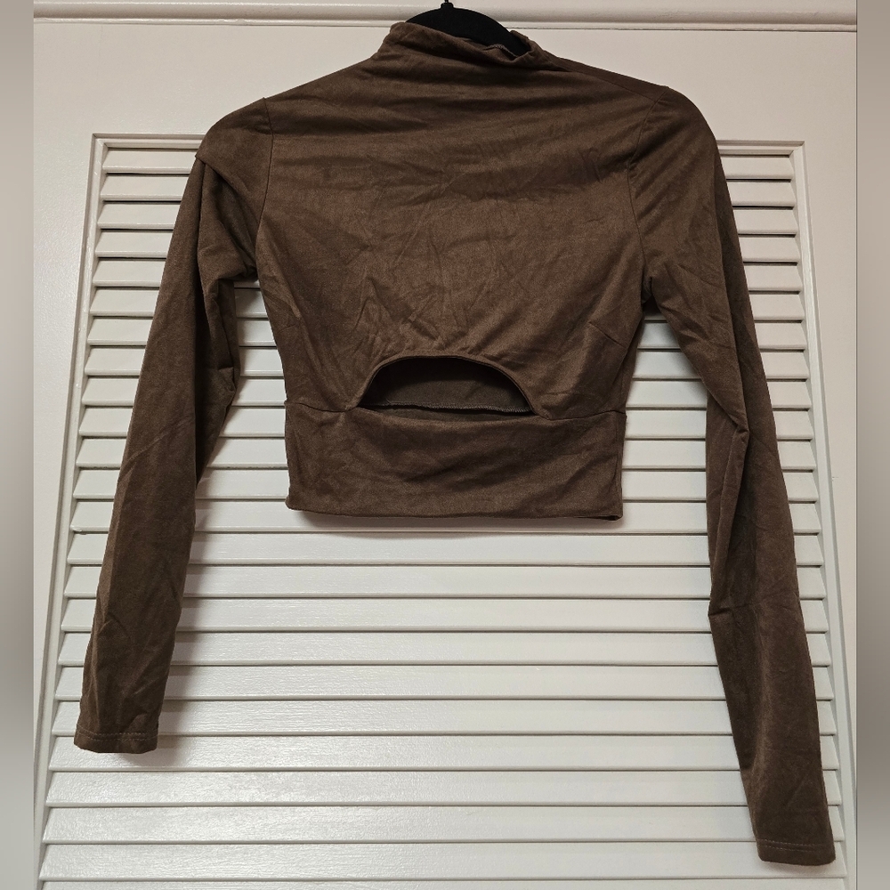 Windsor - Brown Long-Sleeve Faux Suede Front Cut-Out Crop Top